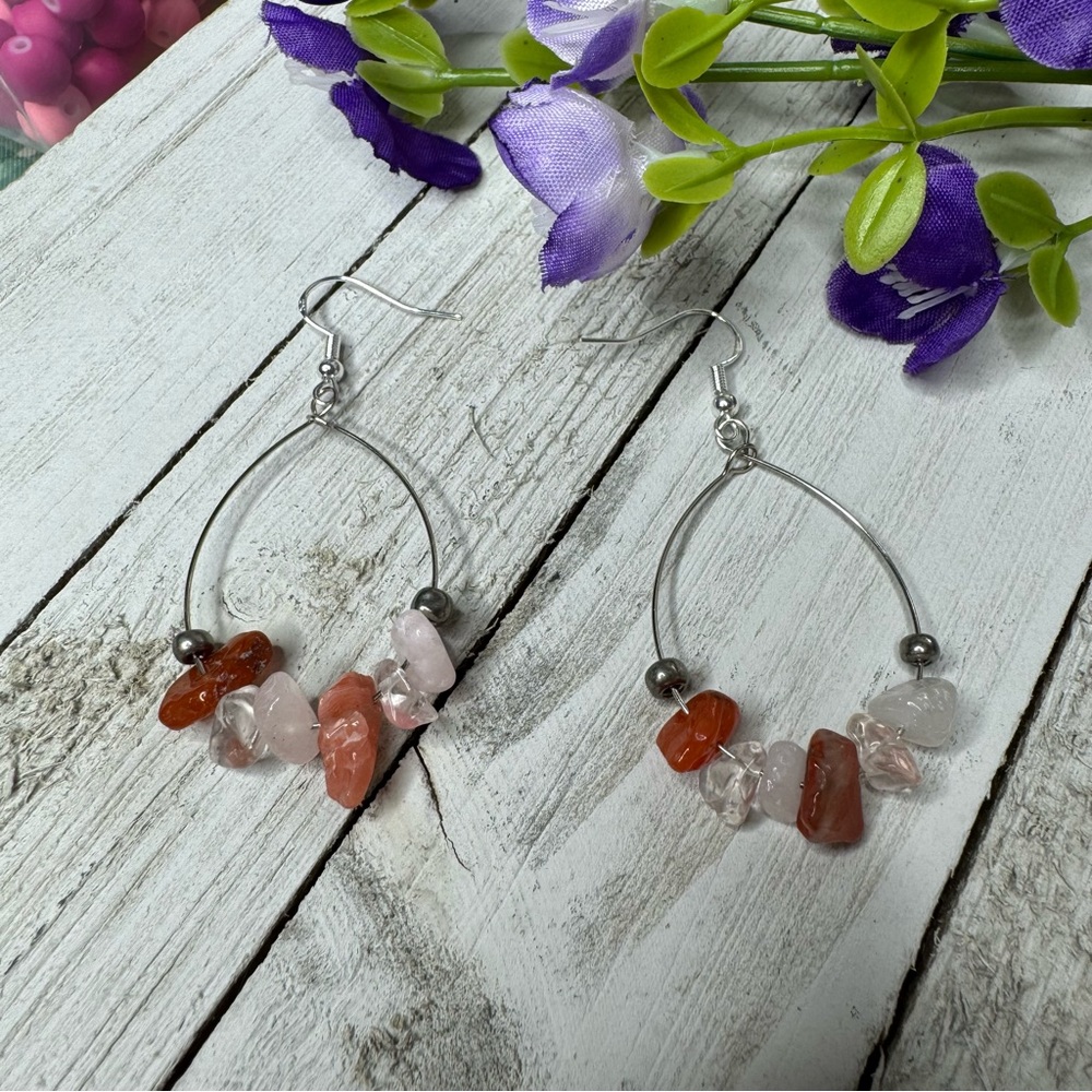Handmade Pink Chipped Stone Earrings‎ Dangle Drop Earrings Sterling Silver